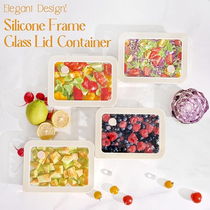 Urban Green Glass Food Container Set with Glass Lid, 4 Pack, Glass Containers with Silicone Framed Glass Lid, Airtight, LeakProof, 100% Plastic Free, Glass Meal Prep Containers (White Color)
