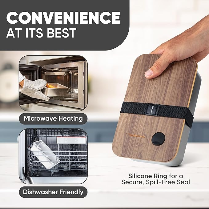 Leak Resistant Stainless Steel Bento Box For Adults|Stainless Steel Lunch Box for Adults |44Oz| BentoBox/Lunchbox| Lunch Container | Microwave Safe (Bottom container) |Bamboo Lid- SIlver