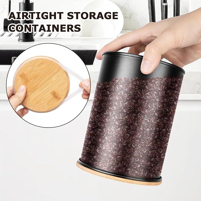 Canisters Sets for Kitchen Countertop, Black Metal Kitchen Canisters Set of 3, Flour and Sugar Storage Containers with Airtight Bamboo Lid and Stickers, Coffee and Tea Storage, Farmhouse Decor