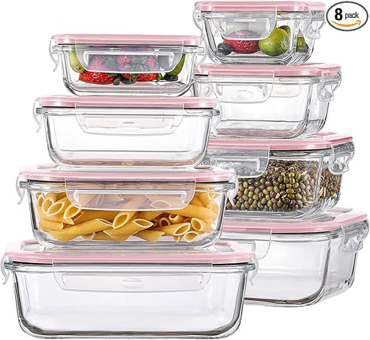 HOMBERKING 8 Pack Glass Food Storage Containers with Lids, Meal Prep Containers, Airtight Bento Boxes with Leak Proof Locking for Microwave, Oven, Freezer and Dishwasher, BPA Free, 5-35oz, Pink