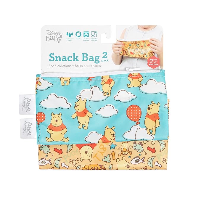 Bumkins Disney Reusable Snack Bags, for Kids School Lunch and for Adults Portion, Washable Fabric, Waterproof Cloth Zip Bag, Supplies Travel Pouch, Food-Safe Storage, 2-pk Winnie the Pooh