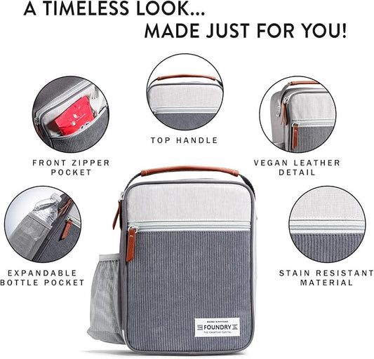 Fit & Fresh Insulated Lunch Box for Kids, Unisex, Polyester, Charcoal, 10" x 8.25" x 4", with Side Pocket and Front Zip