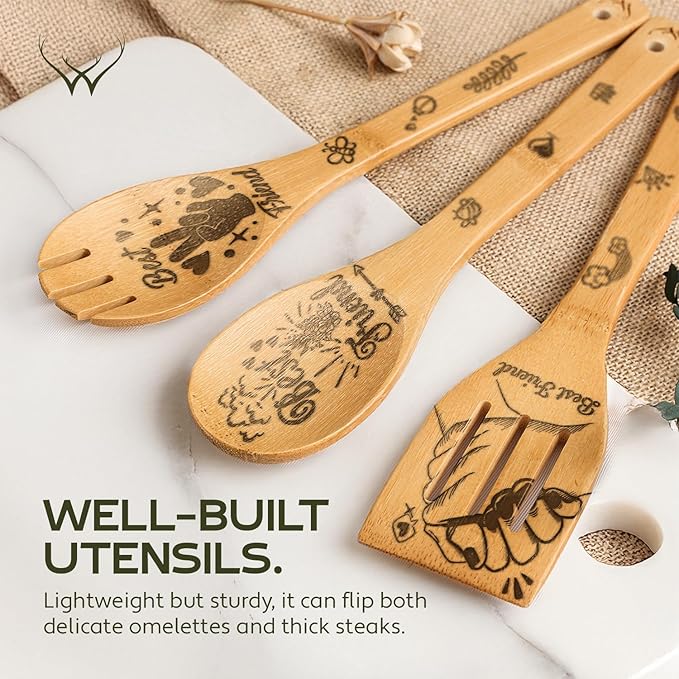 Woodlands-USA Best Friend Wooden Spoons for Cooking - Perfect Birthday Gifts for Best Friend, Bamboo Spoons & Wooden Kitchen Utensil Set,Unique Best Friend Birthday Gifts for Women Who Have Everything