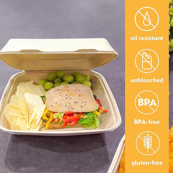 100% Compostable Disposable Food Containers with Lids [8”X8” 200 Pack] Eco-Friendly Take-Out TO-GO Containers, Heavy-Duty, Biodegradable, Unbleached by Earth's Natural Alternative