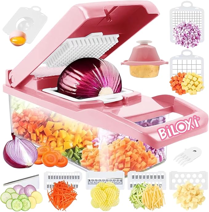 Vegetable Chopper, Onion Chopper, Mandolin Slicer,Pro 10 in 1professional food multifunctional Vegetable Chopper and Slicer, Dicing Machine, AdjustableVegetable Cutter Container (Pink>White Mix)
