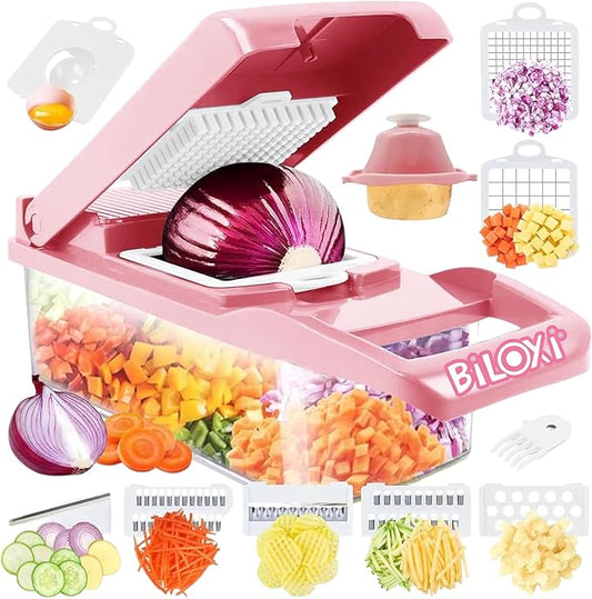 Vegetable Chopper, Onion Chopper, Mandolin Slicer,Pro 10 in 1professional food multifunctional Vegetable Chopper and Slicer, Dicing Machine, AdjustableVegetable Cutter Container (Pink>White Mix)