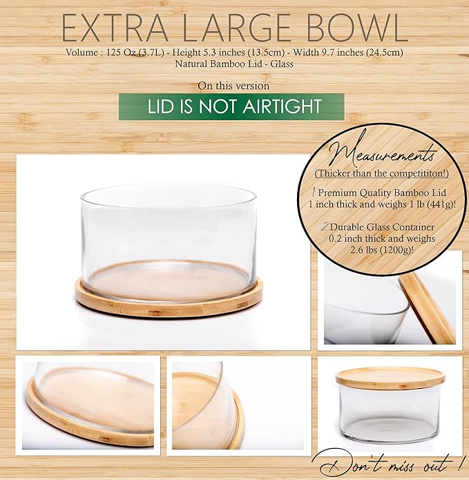 25DOL XXL 125 Ounces Clear Glass Salad Bowl Dish【Hand Blown】 Dual Function Bamboo Lid - Extra Large Mixing Bowl for Salads, Dessert, Fruit, Punch - Centerpiece Large Serving Bowls for Entertaining
