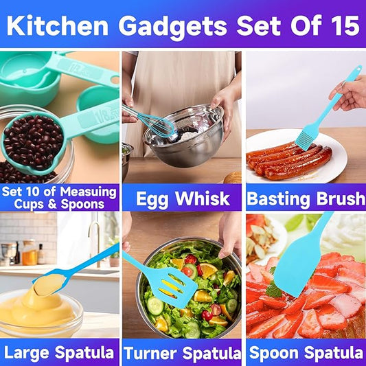 Mixing Bowls Set of 5,Stainless steel Nesting Bowls with Airtight Lids,Size 5, 4, 3.5, 2, 1.5QT for Baking,Cooking,Prepping and Saving Food (BLUE, 25PCS)