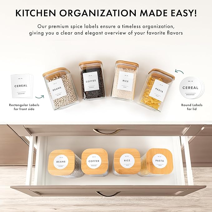 Glass Storage Containers with Bamboo Lids 37fl.oz [Extra Thick Glas] with 72 Pantry Labels - Canister For Pantry Noodles Flour Cereal Rice Sugar Tea Coffee Beans - Square Set of 4x