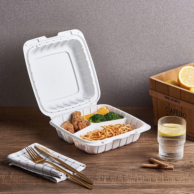 FULING [8x8-Inch, 50 Pieces, 3-Compartment Disposable To Go Box Containers, Plastic Clamshell Takeout Food Trays, Microwave Safe, Cut Resistantstable Hinged Lid, Hybrid Polypropylene, White