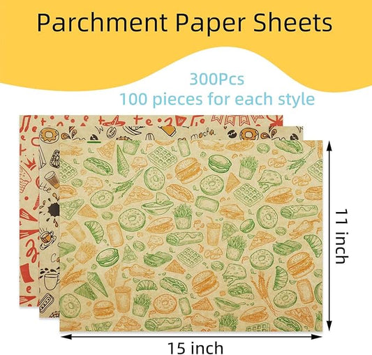 Food Paper Sheets 11"x15" - 300Pcs Paper Liners for Plastic Food Basket, Premium Deli Sandwich Wrappers, Best Kraft Food Wrapping Paper Sheets for Picnic, Festival, Fair or BBQ.
