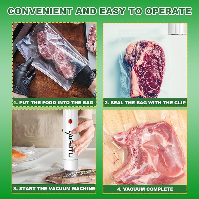 Vacuum Sealer with 5 PCS Reusable Sous Vide Bags, Handheld Compact Vacuum Sealer For Food Preservation, Portable Cordless Sealer Machine Food Fresh for Preserving Vegetables, Fruits, White