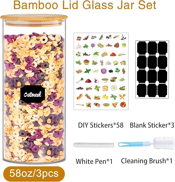 Glass Jars with Bamboo Lids, 58 oz 3 Pcs Kitchen Glass Containers with Bamboo Lids, Airtight Glass Pantry Storage Containers with Lids for Rice, Flour, Nuts, Cookie, Pasta, Oatmeal, Bean