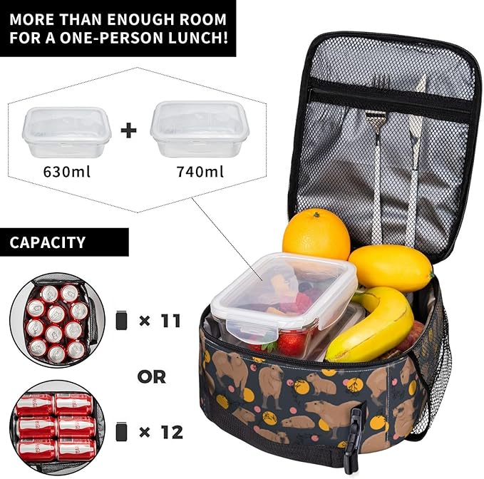 YETTA YANG Capybara Doodle Botanical Circle Wildlife Portable Lunch Bag Insulated Lunch Box Reusable Totes For Women Men Work Picnic Camping
