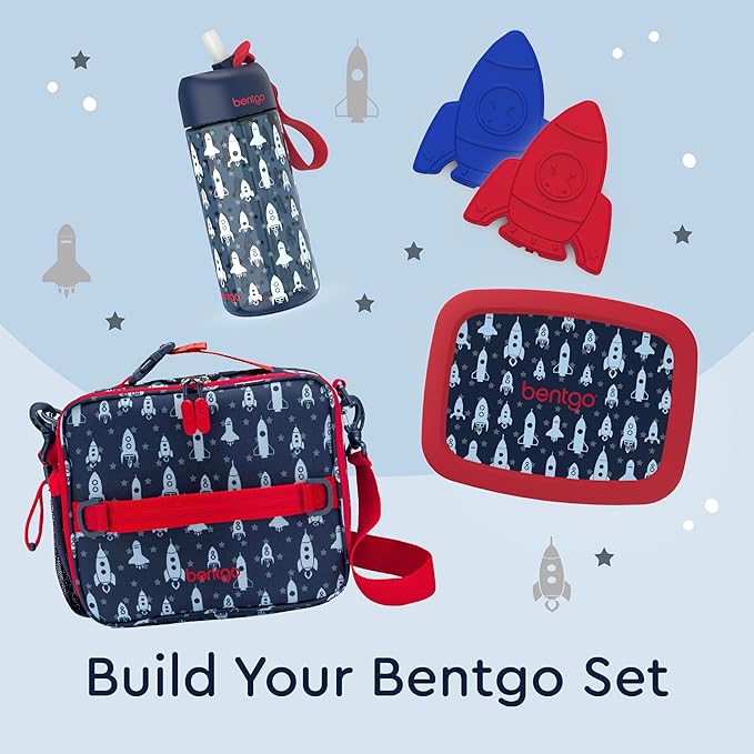 Bentgo Kids Lunch Bag - Durable, Double-Insulated Lunch Bag for Kids 3+; Holds Lunch Box, Water Bottle, & Snacks; Easy-Clean Water-Resistant Fabric & Multiple Zippered Pockets (Rocket)
