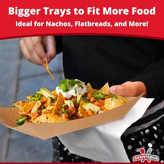 Eco Friendly, USA-Made 3lb Food Holder Trays 50 Pack. Compostable Kraft Paper Container for Diners, Concession Stands or Camping. Best Sturdy 3 Lb Disposable Party Snack Boat for Nachos, Tacos or BBQ