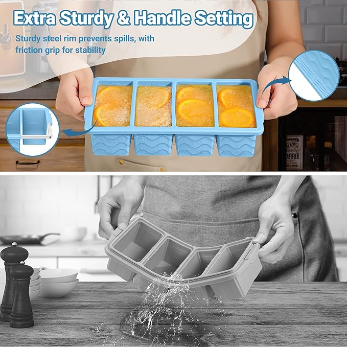 Silicone Freezer Tray for Soup with Lid – 1-Cup Soup Container Cube Style Ice Cube Trays for Freezer, Meal Prep & Food Storage, Freeze 250mL/125mL Portions – 2 Pack
