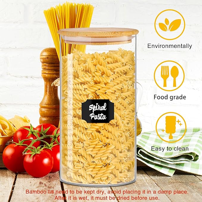 Glass Storage Jars 45 oz 4 Pcs Clear Glass Food Storage Containers with Airtight Bamboo Lid Stackable Kitchen Canisters for Candy,Cookie,Rice,Sugar,Flour,Pasta,Nuts and Spice Jars