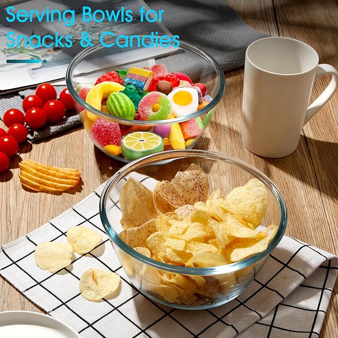 NUTRIUPS Deep Glass Mixing Bowls 7in Glass Salad Bowl 54oz Clear Glass Bowls for Kitchen, Set of 2