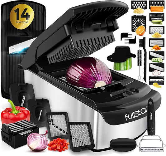 Fullstar Vegetable Chopper and Spiralizer - Food Chopper with Container, Fruit Slicer, Kitchen Gadgets & Accessories, Home Essentials (14 in 1, Stainless Steel)