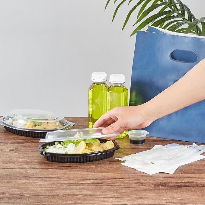 Restaurantware RW Base 12 Ounce Meal Prep Containers, 100 Microwavable To Go Containers With Lids - Disposable, Freezable, Black Plastic Oval Food Containers, Pack Hot And Cold Food, For Takeaway