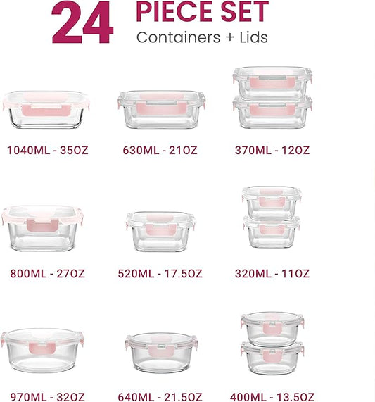 FineDine 24 Piece Glass Storage Containers with Lids - Leak Proof, Dishwasher Safe Glass Food Storage Containers for Meal Prep or Leftovers, Pink