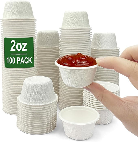 CAMKYDE 2 oz Disposable Bagasse Fiber Souffle Cups 100pk, 100% Natural Biodegradable Compostable Condiment Cups Sample Cup Tasting Cup (White, Pack of 100)