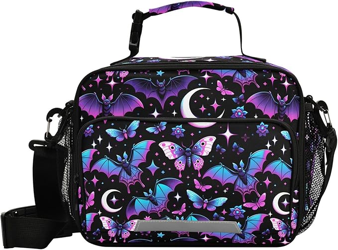 MNSRUU Student Lunch Bag Neon Purple and Bats Stars and Moons Insulated DinnerTotes Picnic Bag Lunch Box with Adjustable Shoulder Strap for Teen Kids Adults