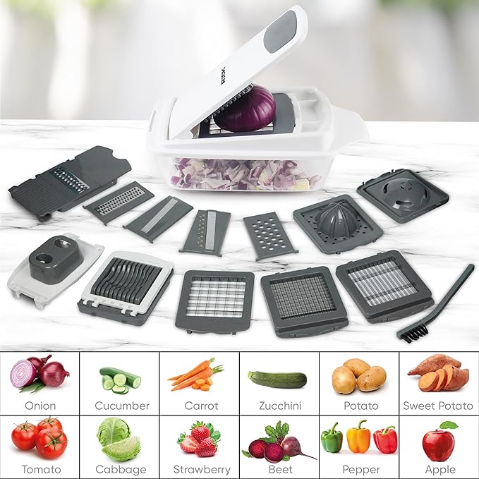 Vegetable Chopper Slicer Onion Dicer, Multi 22-in-1 Veggie Mandoline Food Cutter for Tomato Fruit with Lemon Squeezer, E-Recipe, 11 Blades, Egg Separator & Slicer, Container