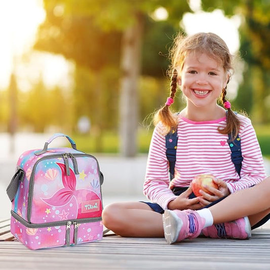 Tilami Lunch Bags Insulated Adjustable Strap Zipper, Water-Resistant Cooler Bags, Bento Bags for Kids Toddlers, Pink Tail