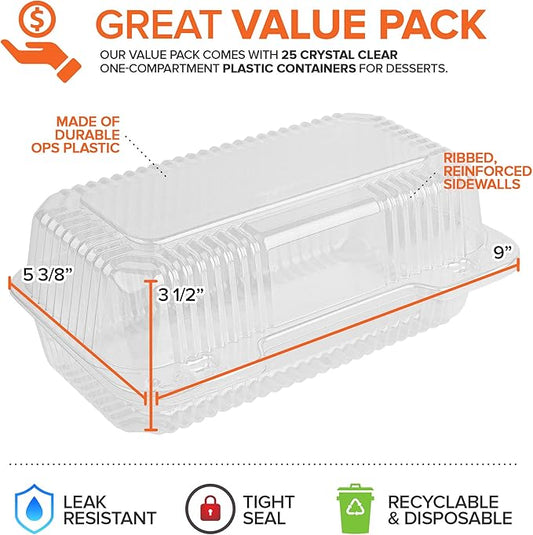 Stock Your Home Plastic 9 x 5 Inch ClamShell Takeout Trays (25 Count) - Dessert Containers - Plastic Hinged Food Container - Disposable Plastic Clamshell Food Containers for Slices of Cake, Sandwiches