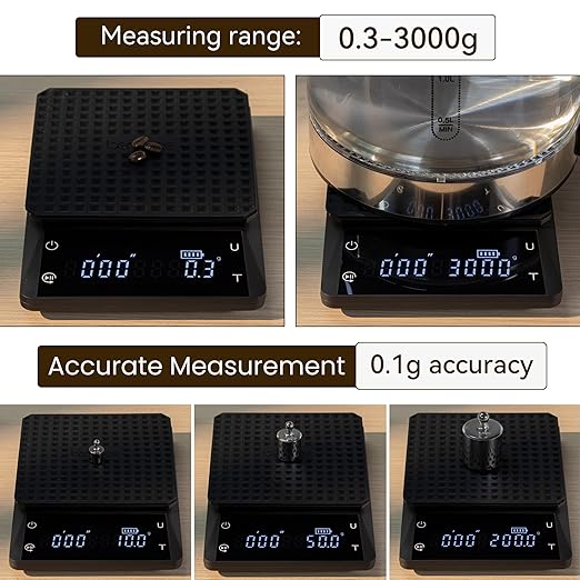 bemece 0.1g Precision Coffee Scale with Timer, Digital Espresso Scale with Back-Lit LCD Display, IPX6 Waterproof Drip Espresso Scale, 3 Units of Measurement for Espresso, French Press, Kitchen Use