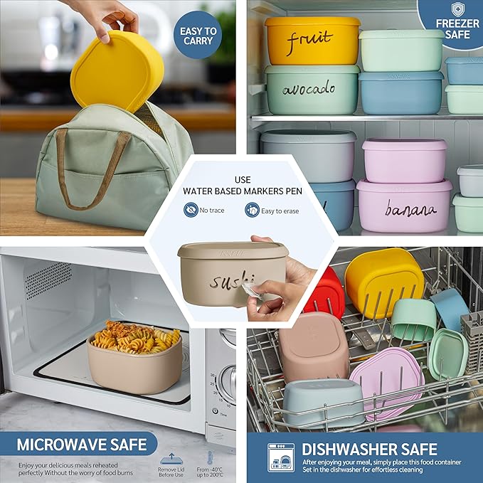ISSEVE 6Pcs/Set Nesting Silicone Food Storage Containers with Lids, BPA Free Reusable Meal Prep Silicone Containers Lunch Box Bento Box Set (33.8oz, 20oz, 10oz, 6.7oz, 1.3oz) (Beige)