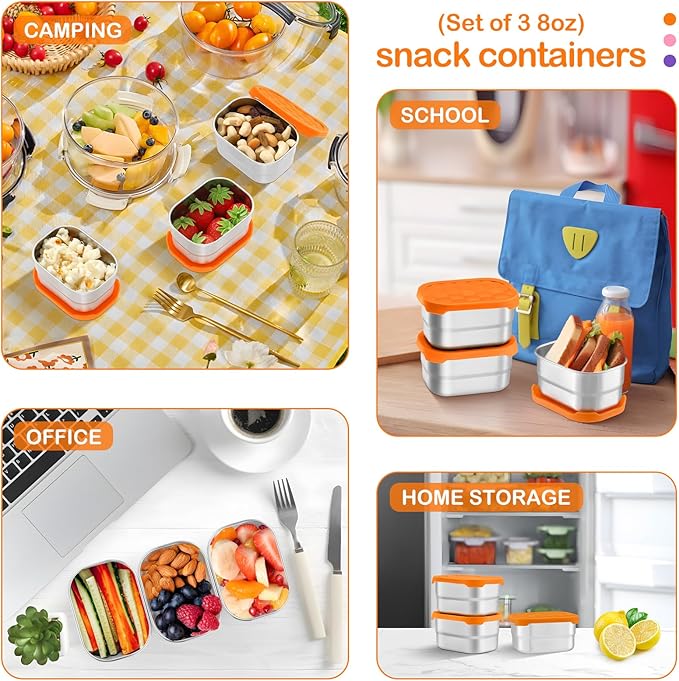 Leonyo 18/10 Stainless Steel Snack Containers for Kids and Toddlers, 8oz Lunch Containers with Silicone Lids, Metal Toddler Lunch Box for Daycare and School, Easy Open Leak Proof