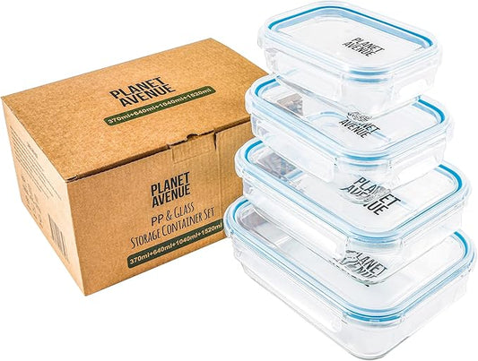 PLANET AVENUE 4-Pc Glass Food Storage Containers Set with Plastic Lids, Airtight, Meal Prep Containers with Leak-Proof Locking Lids, Safe for Microwave, Own Freezer, and Dishwasher, BPA-Free