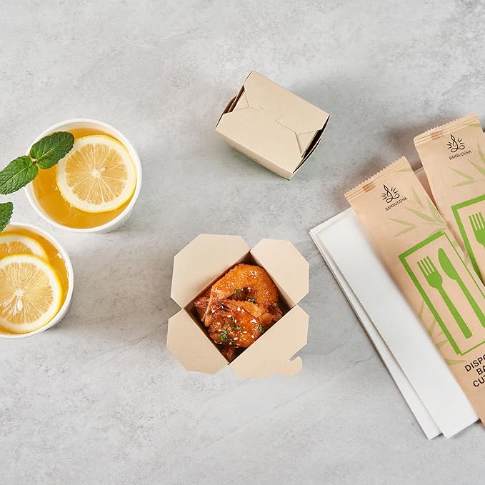 Restaurantware Sustain 8 Ounce Sturdy Paper Take Out Boxes, 200 Disposable Take Out Food Containers - With PLA lining, Compostable, Bamboo Paper Containers, Built-In Tab-Lock Cover, Greaseproof