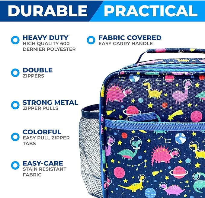 Bento Lunch Box for Kids with Stainless Steel Thermal Food Jar for Hot Food Soup, Insulated Lunch Bag and Ice Pack Set, Lunch Container Boxes with 4 Compartments, Blue Rocket Dinosaur