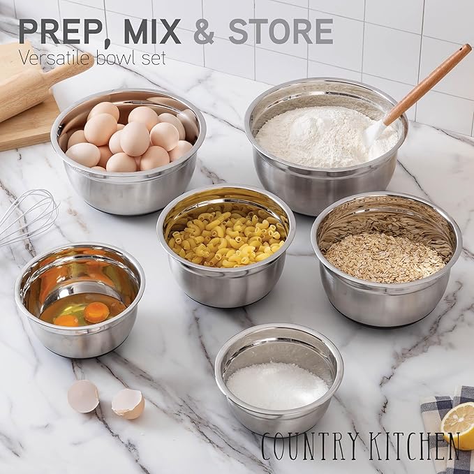 Country Kitchen Mixing Bowls with Airtight Lids - 12 piece Stainless Steel Metal Nesting Storage Bowls, Non-Slip Bottoms (Black)