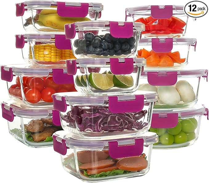 C CREST 12 Piece Meal Prep Glass Containers Set with Lids, Ideal for Food Storage and Freshness, Assorted Sizes and Shapes for Ultimate Organization