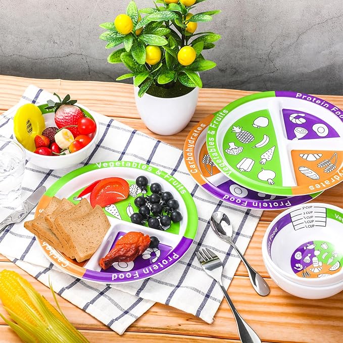 6 Pcs Bariatric Portion Control Set with 3 Bariatric Plates 3 Portion Control Bowls and Stainless Steel Flatwares for Adults Diet Balanced Eating Weight Loss Serving Plans(Simple)