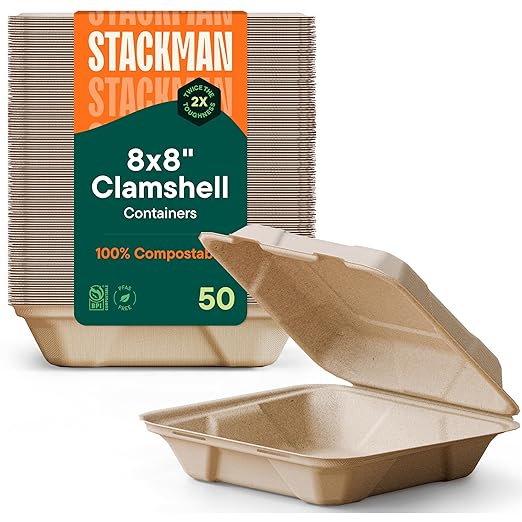 100% Compostable Clamshell Take Out Food Containers [8X8" 50-Pack] Heavy-Duty Quality to go Containers, Natural Disposable Bagasse, Eco-Friendly Biodegradable Made of Sugar Cane Fibers