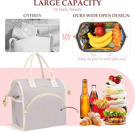 LOKASS Lunch Bag Women Insulated Lunch Box Wide-Open Lunch Tote Bag Large Cooler Bag for Work Picnic Hiking Beach（Light Gray）