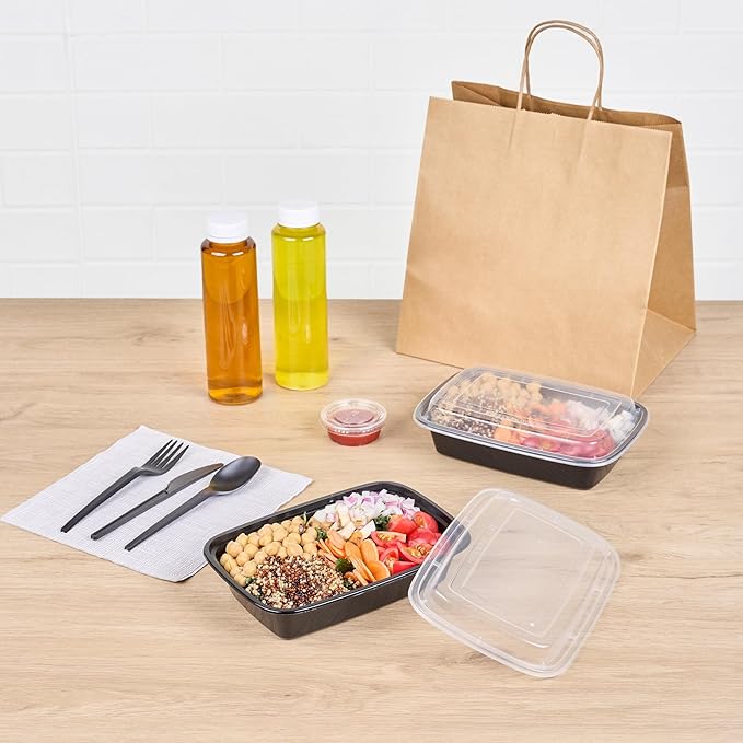 Restaurantware Asporto 24 Ounce Take Out Containers, 50 Food Containers With Lids - Microwavable, Disposable, Black Plastic To Go Food Containers, No BPA, For Take Out And Delivery