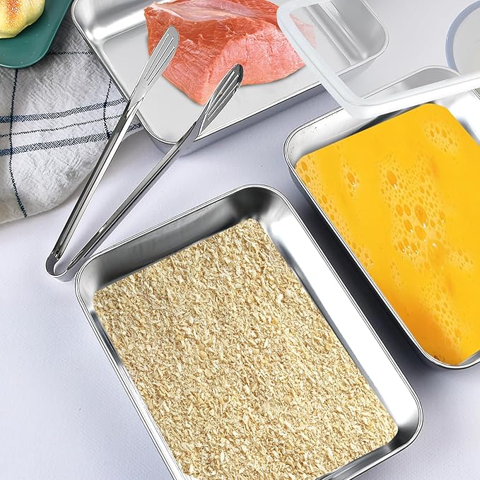 3 Set Stainless Steel Breading Trays Set with Lids, Dust Proof Breading Pans with Tong for Dredging Chicken Breasts，Marinating Meat, Food Prep Trays Oven & Dishwasher Safe