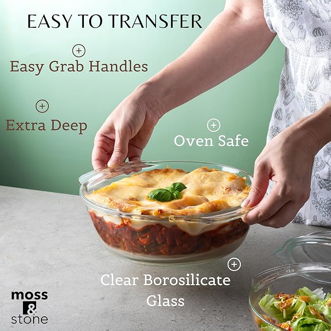 Moss & Stone Basics 6-Piece Clear Glass Casserole Dishes for Oven With Lids, Durable Borosilicate Glass Bakeware Set, Glass Bowls Bakeware Dish Microwave Safe, 3 Size Round Casserole Dish With Lid