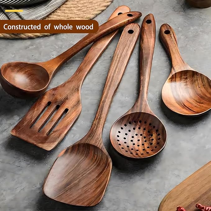 6 Piece Wooden Cooking Spoons – Wooden Cooking Utensils Set with Wood Barrel, Teak Non-Stick Kitchen Cookware