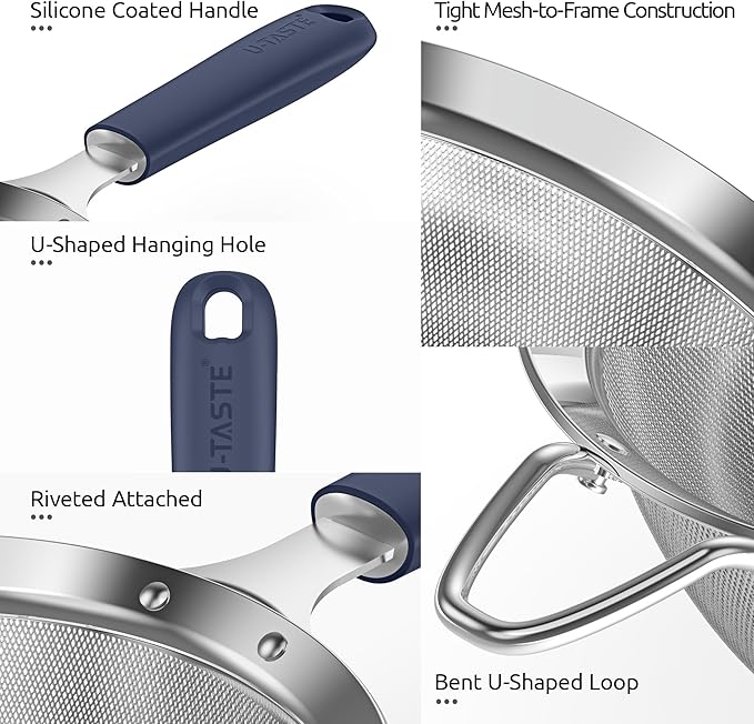 U-Taste 18/8 Stainless Steel 3.75in Small Fine Mesh Strainer with Sturdy Handle and Frame, and 18/8 Stainless Steel Square Measuring Spoons Set of 8 (Midnight Blue+Silver)