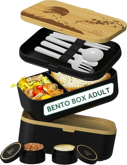 Umami Bento Box Adult All-In-1 w/4 Utensils, 2 Sauce Jars 2 Dividers, Bamboo Lid, 100% Leakproof, Microwave & Dishwasher Safe Stackable Lunch Box Containers for Men/Women, Black Bamboo Fuji, 68 oz