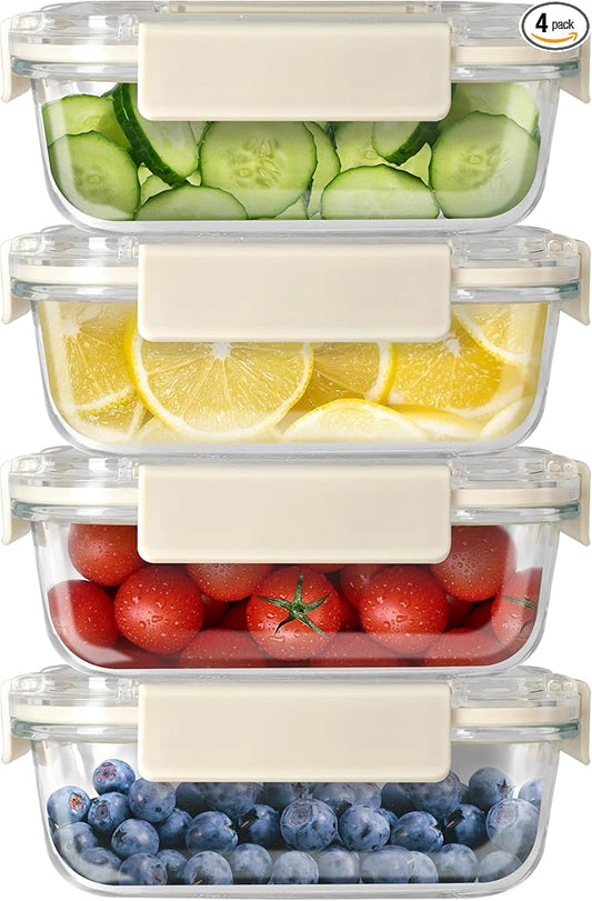 YSSOA All Temp Food Storage Container, Glass Meal Prep Containers with Lids, BPA-Free,Glass Lunch Boxes, Microwave, Oven,Dishwasher Friendly,BPA-Free,Ideal for Lunch, Meal Prep & Leftovers, 4 Packs