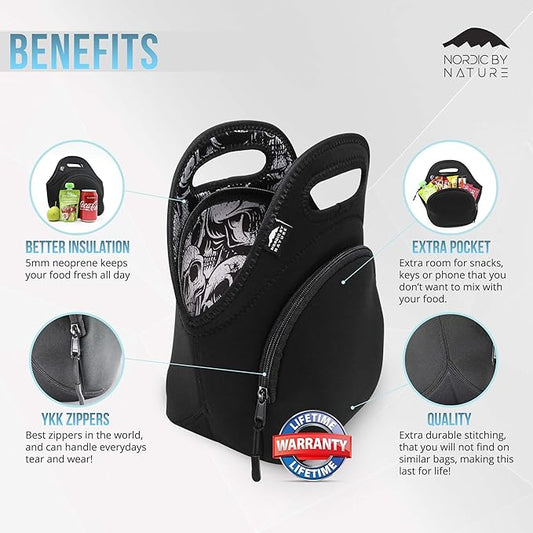 Lunch Bag Set For Women, Men & Kids | Extra Thick 5mm Insulated Neoprene Keeps Your Lunch Box Delicious For Hours | Washable | Water Bottle Sleeve | Extra Pocket | YKK zippers | Skulls